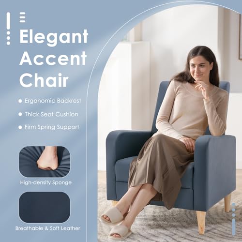 COLAMY Mid-Century Modern Accent Chairs Set of 2, Faux Leather Upholstered Living Room Chairs with Back Pillow & Solid Wood Legs, Comfy Armchair for Living Room, Bedroom, Single Sofa, Dark Blue - color: Dark Blue, size: Set of 2