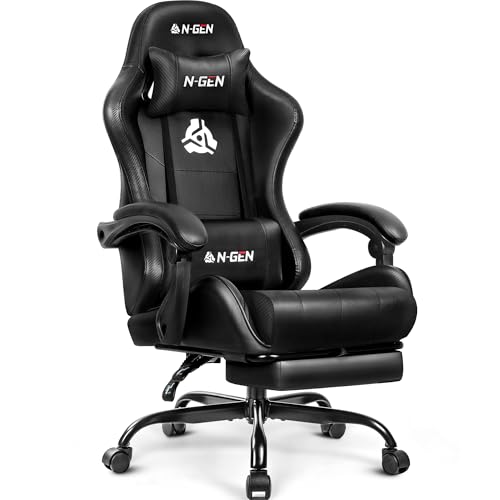 N-GEN GAMING Gaming Chair with Footrest, Lumbar, High-Back, All Black | Reclining Backrest, Linkage Armrests, Durable PU Leather, Adjustable Comfort for Extended Computer, Desk, or Home Office Use - color: All Black