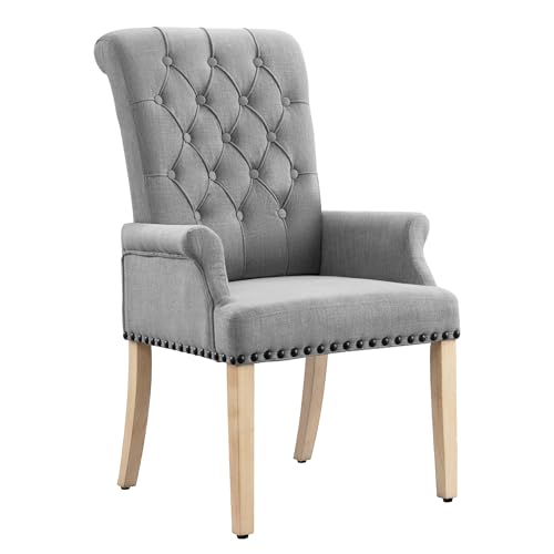 LOULENS Linen Dining Chair with Arms, Tufted Dining Room Chairs, Light Grey | Solid Wood Legs, Nailhead Trim, Accent Chair, Kitchen Chair - color: Grey-a, size: 1 PCS