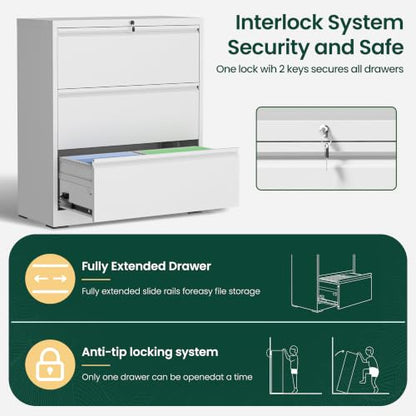 3 Drawer Lateral File Cabinet, Metal Filing Cabinet for Home Office, White | Heavy-Duty Steel Locking Large File Cabinet, Hanging Letter/Legal/A4 Size, Full-Extension Silent Drawer, Un-Assembly - color: White, size: 3 Drawers (35.43 in Width)