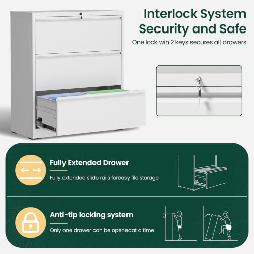 3 Drawer Lateral File Cabinet, Metal Filing Cabinet for Home Office, White | Heavy-Duty Steel Locking Large File Cabinet, Hanging Letter/Legal/A4 Size, Full-Extension Silent Drawer, Un-Assembly - color: White, size: 3 Drawers (35.43 in Width)
