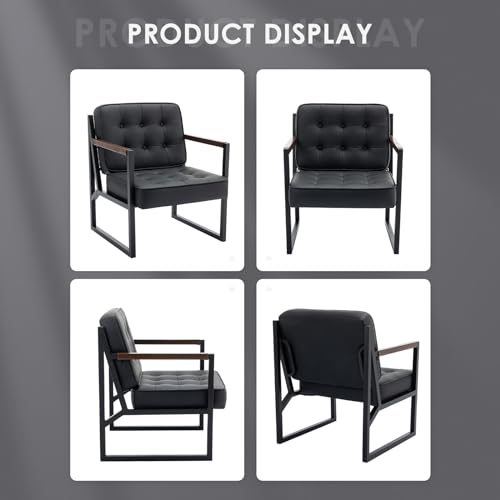 COLAMY Mid Century Modern Accent Chair Set of 2, Comfy Living Room Chair, Black Leather Accent Chair, Faux Leather Reception Armchair with Metal Legs for Living Room Bedroom Reception Office, Black - color: Black, size: Set of 2