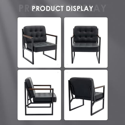 COLAMY Mid Century Modern Accent Chair Set of 2, Comfy Living Room Chair, Black Leather Accent Chair, Faux Leather Reception Armchair with Metal Legs for Living Room Bedroom Reception Office, Black - color: Black, size: Set of 2