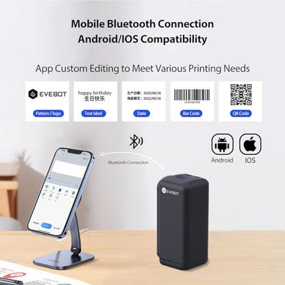 EVEBOT Handheld Inkjet Printer for Any Surface 1.02 Inch Nozzle Portable Bluetooth Wireless Smart Label Printer for QR Code Barcode Production Date Time Logo Batch Number - Black 1PCS