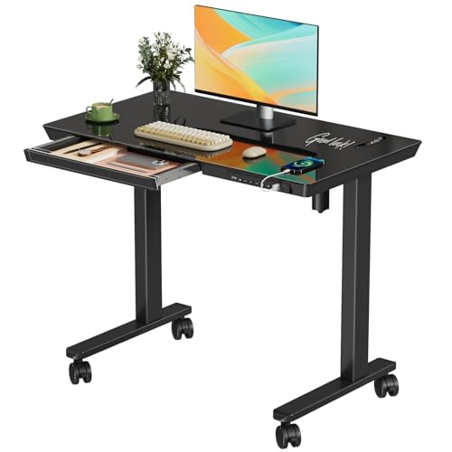 35" Electric Standing Desk with Drawer, One-Piece Glass Top - color: Black Glass-top, size: 35"