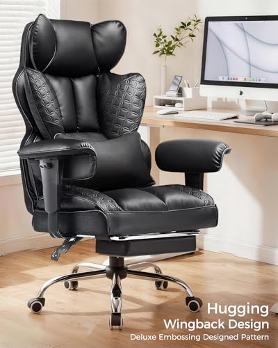 COMHOMA Big and Tall Office Chair Heavy Duty Gaming Chair with Deluxe Embossing Leather High Back Wider Ergonomic Computer Chair with Foot Rest 145°Reclining Pocket Spring Lumbar Support - color: Coal Black