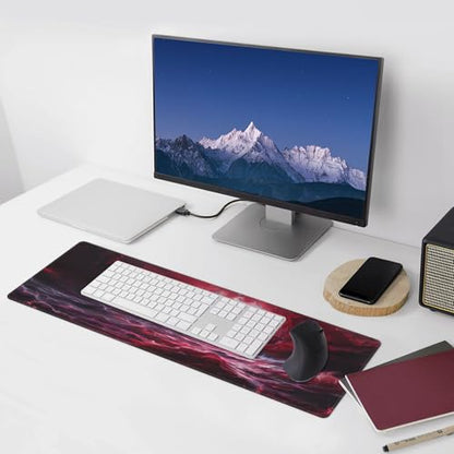 Large Red Cool Gaming Mouse Pad,Wave Abstract Art Desk Mat,31.5x12in | XL Extended Dark Style Blood Moon Scarlet Sea E-sports Keyboard Mat with Stitched Edges for Men,80 x 30 cm - color: Red Abstract Art