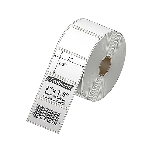 2" x 1.5" Thermal Labels | 4 Rolls | 5280 Labels | fits Zebra, Munbyn, Rollo, Godex, Arkscan, iDPRT, Offnova Thermal Label Printers and More | Blank White Adhesive Stickers by Ecotherm - size: 2 x 1.5 - 5280 Labels