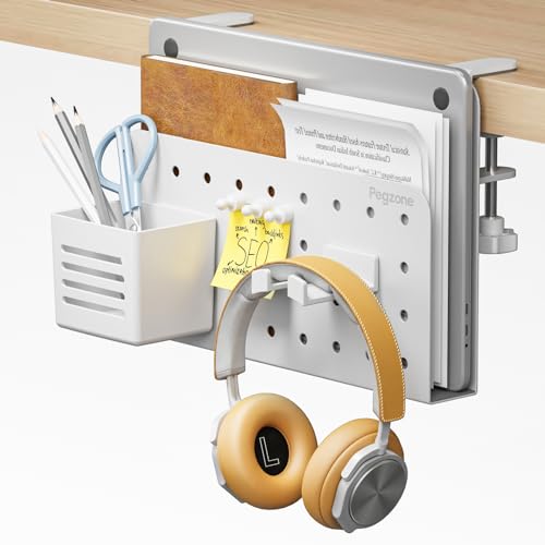 PEGZONE Desk Side Storage Organizer, Fits Flat Edge 0.4" to 2.2", White | No Drill Under Desk Laptop Holder, Clamp on Desks Shelf with Pegboard Accessories, Hanging Laptop Mount - color: White