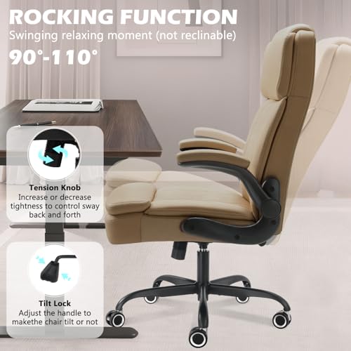 450 LBS Big and Tall Executive Office Chair with Flip up Arm, Heavy Duty Leather Computer Desk Chair,Comfortable High Back Swivel Home Office Chair with Rolling for Adults (Yellow) - color: Yellow