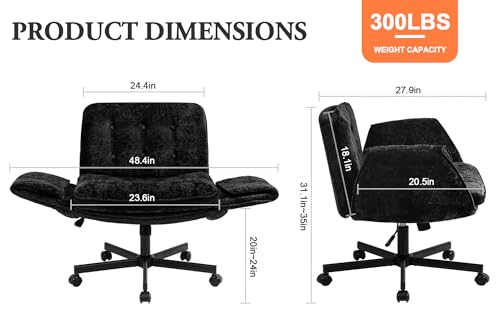 Criss Cross Chair with Wheels & Arms, Chenille Cross Legged Office Chair with 5-level Folding Armrest, Comfortable Adjustable Swivel Vanity Chair for Home, Make Up, Bed Room, Office, Accent (Black). - color: Black, style: Modern
