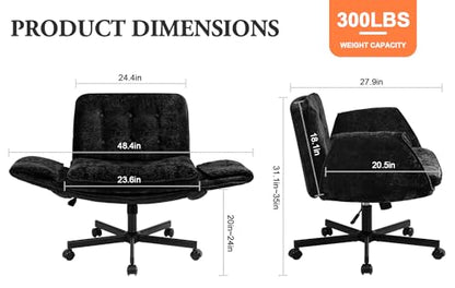 Criss Cross Chair with Wheels & Arms, Chenille Cross Legged Office Chair with 5-level Folding Armrest, Comfortable Adjustable Swivel Vanity Chair for Home, Make Up, Bed Room, Office, Accent (Black). - color: Black, style: Modern