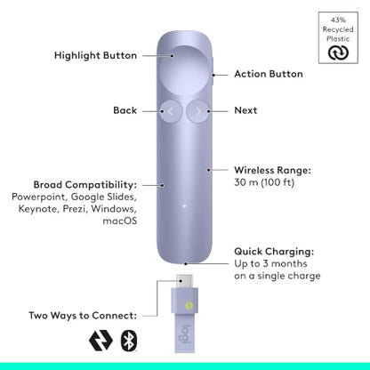 Logitech Spotlight 2 Presentation Remote Wireless Clicker - Light Lilac | Clicker with haptics, digital highlighting, customizable actions, laser pointer, quick charge, Bluetooth, USB-C - color: Lilac