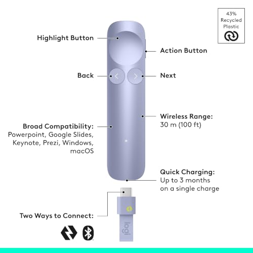 Logitech Spotlight 2 Presentation Remote Wireless Clicker - Light Lilac | Clicker with haptics, digital highlighting, customizable actions, laser pointer, quick charge, Bluetooth, USB-C - color: Lilac