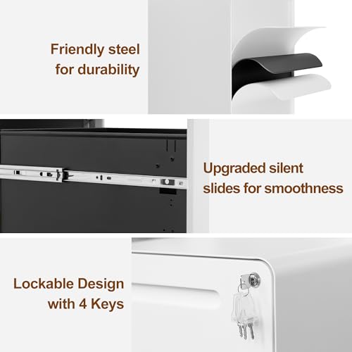 2 Drawer Mobile File Cabinet with Lock and 4 Keys | Metal Filing Cabinet for Home Office, Under Desk, Pre-Assembly, File Drawer, Letter/Legal/A4 Hanging File Folders - color: White, size: 25.8"H*15.7"W-2 Drawers