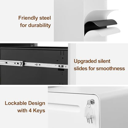 2 Drawer Mobile File Cabinet with Lock and 4 Keys | Metal Filing Cabinet for Home Office, Under Desk, Pre-Assembly, File Drawer, Letter/Legal/A4 Hanging File Folders - color: White, size: 25.8"H*15.7"W-2 Drawers