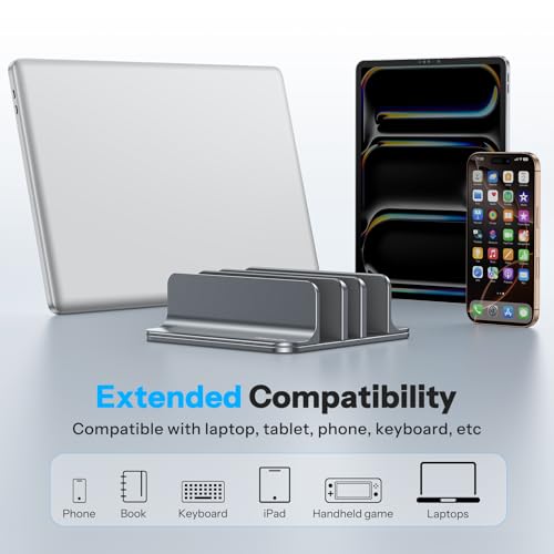 OMOTON 3-Slot Multiple Vertical Laptop Stand, Fits All MacBook, Grey | Adjustable Width 0-1.38", Aluminum Office Space-Saving for Desk, Fits MacBook/Book/iPad Up to 17.3in - color: Three Slots-Grey