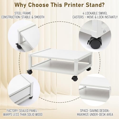 Zonon 2 Tier Printer Stand Under Desk with Wheels, Open Shelf, White - color: White