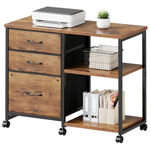 Maihail 3 Drawer File Cabinet with Wheels with Open Storage Shelf - color: Rustic Brown Top+brown Drawer
