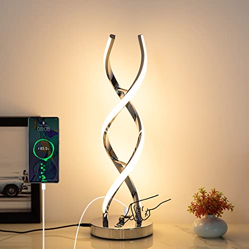 LED Modern Table Lamp, Stepless Dimmable Spiral Table Lamps for Bedroom, 3 Colors Touch Control Bedside Nightstand Lamp with 1 USB Charging Ports, Desk Lamps for Living Room Office (Silver) - color: Silver