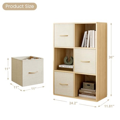 EXPERLAM 6 Cube Storage Organizer - Solid Wood Bookshelf with 3 Storage Bins, Cube Shelf with 2 Removable Back Panels, Vertical or Horizontal Bookcase, Open Book Shelf for Bedroom, Living Room, Office - size: 6 Cube Shelf