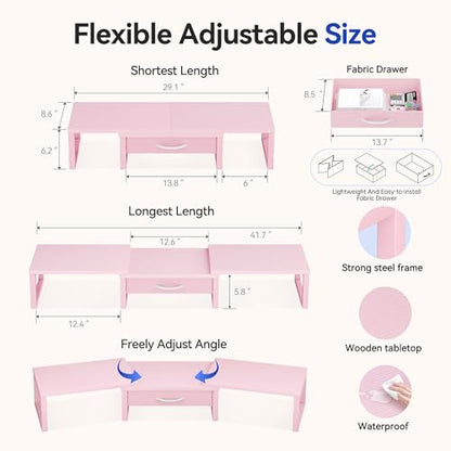 Desk Organizers and Accessories, Dual Monitor Stand Riser with Drawer, Computer Monitor Stand, Adjustable Desk Shelf for PC Laptop Printer TV, Pink