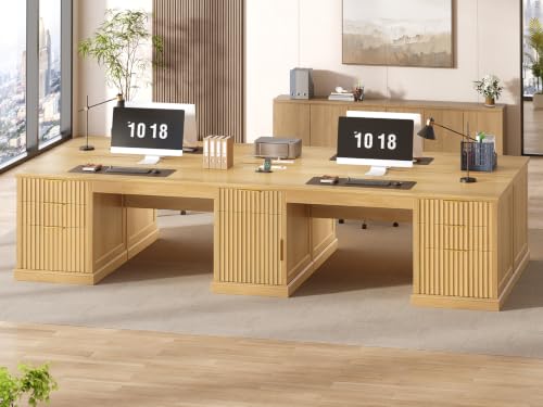 SEDETA Fluted 110.3" Two Person Desk with 7 Drawers for Office, Fluted Oak - color: Fluted Oak, size: 110.3" Two Person Desk