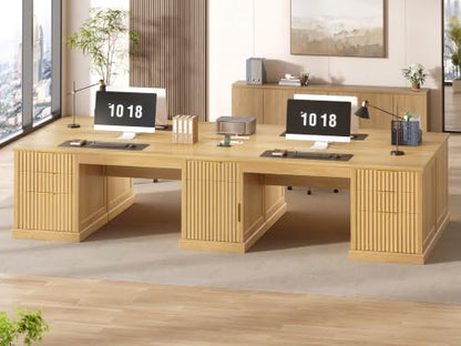 SEDETA Fluted 110.3" Two Person Desk with 7 Drawers for Office, Fluted Oak - color: Fluted Oak, size: 110.3" Two Person Desk