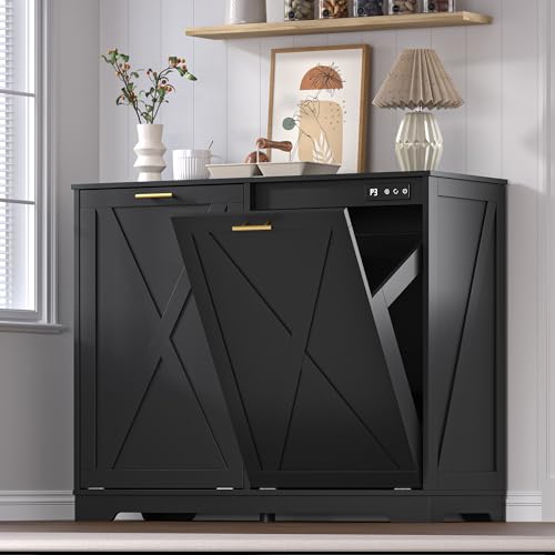BORNOON Tilt Out Trash Can Cabinet for 2 Bins, Hidden Recycle Garbage Bin Enclosure, Wooden Double Laundry Cabinet with Odor Control, Negative Ion & Ozone, for Kitchen, Bathroom, Laundry Room - color: Black, size: Base-2 Cabinets