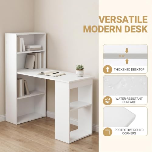 Tangkula White Computer Desk with Bookshelf, Writing Study Desk with Storage Shelves & CPU Stand, Modern Compact Computer Workstation for Home & Office, Space-Saving Design | Modern Compact Workstation w/Bookshelf Storage & CPU Stand, Space-Saving Design