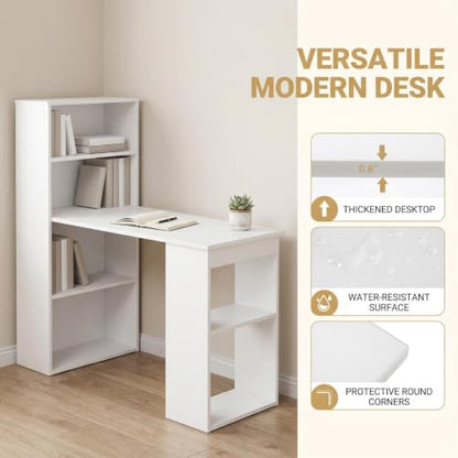 Tangkula White Computer Desk with Bookshelf, Writing Study Desk with Storage Shelves & CPU Stand, Modern Compact Computer Workstation for Home & Office, Space-Saving Design | Modern Compact Workstation w/Bookshelf Storage & CPU Stand, Space-Saving Design