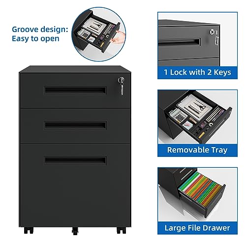 Dripex 3 Drawer Metal Rolling File Cabinet Under Desk Filing Cabinet Black | 15"W x 18"D x 24"H, Lockable, 5 Wheels, Fully Assembled, Letter/Legal Size, Suitable for Home Office - color: Black