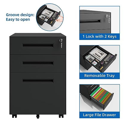 Dripex 3 Drawer Metal Rolling File Cabinet Under Desk Filing Cabinet Black | 15"W x 18"D x 24"H, Lockable, 5 Wheels, Fully Assembled, Letter/Legal Size, Suitable for Home Office - color: Black