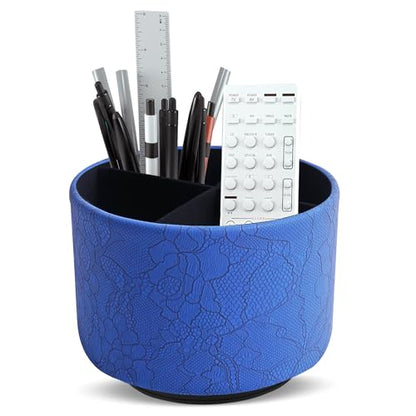 Round Leather Art Supply Organizer,Remote Control Holder,360 Degree Spinning,Multi-Functional Pencil Holder,4 Compartments Desktop Stationary Organizer(1-Lace Flower Blue) - color: 1-Lace Flower Blue