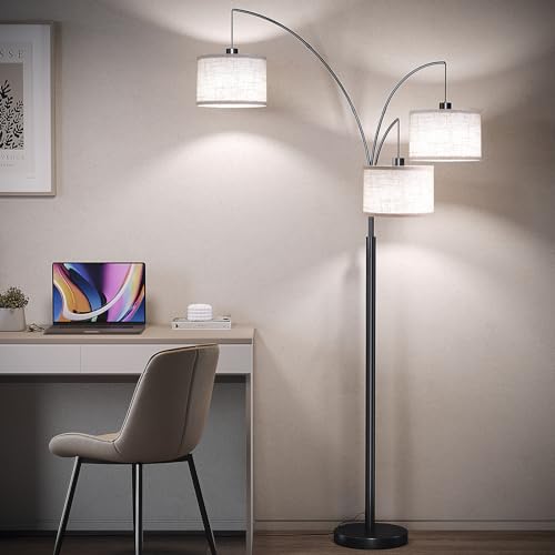 SUNMORY 3 Lights Floor Lamp with Remote Control and 3 Stepless Dimmable Bulbs, 78" Tall Standing Lamp with Hanging Drum Shade & Heavy Base, Modern Arc Floor Lamps for Living Room, Bedroom, Office | 3 Stepless Dimmable Bulbs, Hanging Drum Linen Shade & Hea