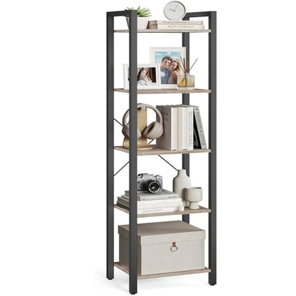 VASAGLE 5-Tier Bookshelf, Bookcase Book Shelf with Steel Frame - color: Heather Greige + Ink Black, size: 5 Tiers (11.8"D x 15.7"W x 60.2"H)