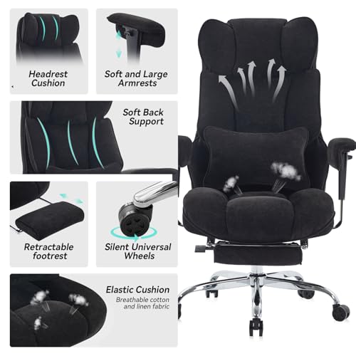 Efomao Executive Office Chair 400lbs, Black Fabric Big and Tall Desk Chair | Breathable fabric, pocket spring & foam seat, retractable footrest, 135° recline for computer gaming setup - color: 3084-black