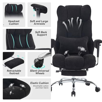 Efomao Executive Office Chair 400lbs, Black Fabric Big and Tall Desk Chair | Breathable fabric, pocket spring & foam seat, retractable footrest, 135° recline for computer gaming setup - color: 3084-black
