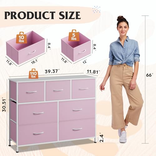 WLIVE 7 Drawer Dresser TV Stand, Entertainment Center, Media Console Table with Metal Frame and Wood Top for TV up to 45 inch, Chest of Drawers for Bedroom, Living Room, A-Pink - color: A-pink