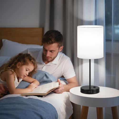 White Black Touch Lamps for Bedroom Set of 2, Dimmable, USB C+A, AC Outlet | Large 17.6" Tall Lamp, 3-Way Dimming, 5000K Daylight Bulbs, White Lampshade Black Base, for Living Room, Boys, Men, Girls - color: White - Black