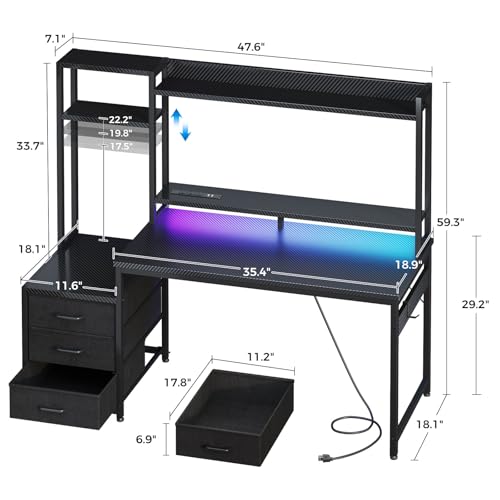 Casaottima 48 Inch Gaming Desk with Shelves & Hutch & 3 Drawers & LED Light | Reversible PC Desk with Tower Stand & Power Outlets, Computer Desk for Home Office, Carbon Fiber Black - size: 48 inch