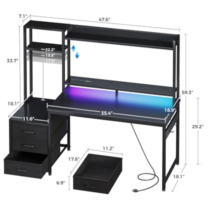 Casaottima 48 Inch Gaming Desk with Shelves & Hutch & 3 Drawers & LED Light | Reversible PC Desk with Tower Stand & Power Outlets, Computer Desk for Home Office, Carbon Fiber Black - size: 48 inch