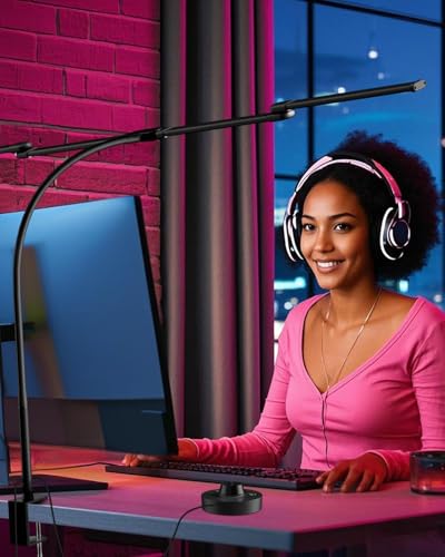 Desk Lamp Clamp Light 24W, Ultra Wide 4 Head Bars, 5 Color Modes Dimming, Multi-Screen Setup for Office, Architect, Black, Aluminum, Adapter Included - size: 4-Head Curved Gooseneck Desk Lamp