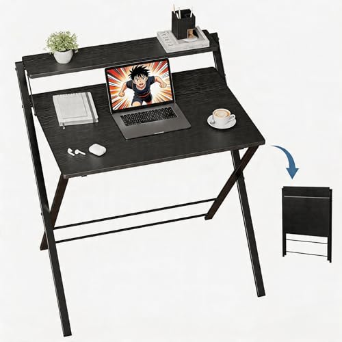 Simple Deluxe No Assembly Folding Desk with Shelf, 2-Tier Compact Computer Table, Space Saving Foldable Table for Home Office, Dorm or Apartment, Portable Collapsible Sturdy Laptop Desk, Black - color: Black