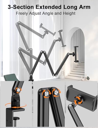 Yumecamp Triple Arm Tablet Stand, Heavy Duty Aluminum iPad Holder with Desk Clamp, 360° Rotating Mount for 4.7-15.6" iPad/iPhone/Portable Monitors – Sturdy No-Shake Design for Kitchen,Work