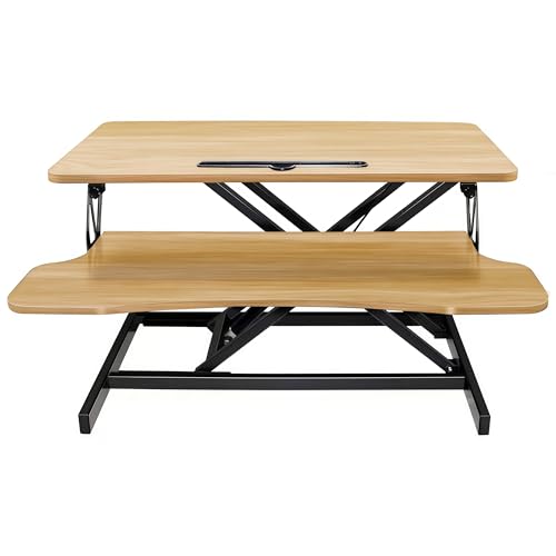 32 Inch Desk Converter Standing Computer Desk, Height Adjustable Sit to Stand Riser, Dual Monitor and Laptop Workstation with Wide Keyboard Tray (Natural) - color: Natural