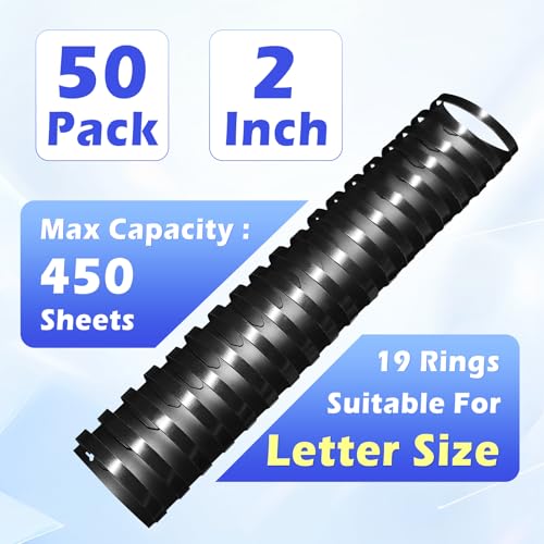 TOTiyea 50 Pack 2" 19 Ring Plastic Binding Combs,450-Sheet Letter Size | Binding combs,Black,8.5"x11",For educators custom teaching References,classroom organization,work supplies - size: 2", style: 50 Pack
