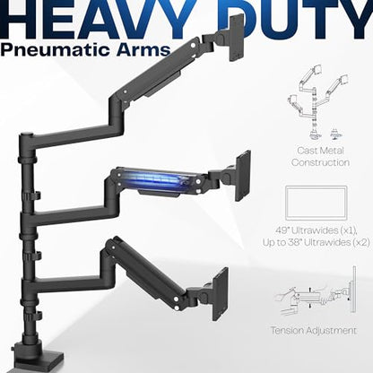 VIVO Pneumatic Arm Triple Ultrawide Monitor Extra Tall Desk Mount for Up to 49 inch Screens, Heavy Duty Clamp, Holds 3 Ultra Wides Up to 44 lbs, Black, STAND-V300D - size: Triple Mount, style: Desk Mount