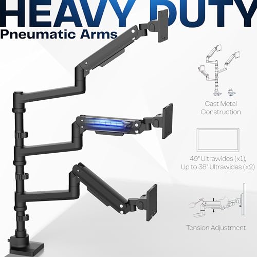 VIVO Pneumatic Arm Triple Ultrawide Monitor Extra Tall Desk Mount for Up to 49 inch Screens, Heavy Duty Clamp, Holds 3 Ultra Wides Up to 44 lbs, Black, STAND-V300D - size: Triple Mount, style: Desk Mount
