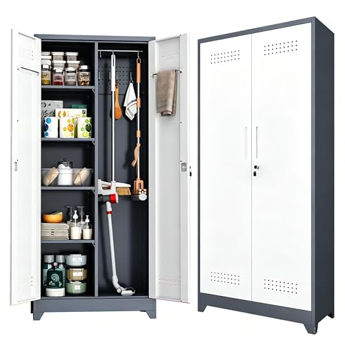 Metal Storage Cabinet 72" Tall, Garage Storage Cabinet with Lockable Doors & Shelves, Utility Broom Closet, Steel Tool Cabinet for Garage, Laundry Room, Home Office, Grey/White - color: Grey White, size: 72.8"H-2door